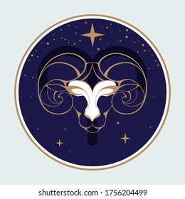 Modern magic witchcraft card with astrology Aries zodiac sign. Ram or mouflon head logo design