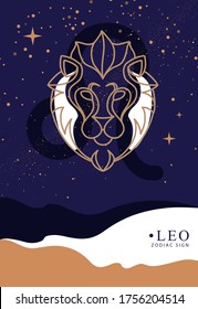 Modern magic witchcraft card with astrology Leo zodiac sign. Lion head logo design