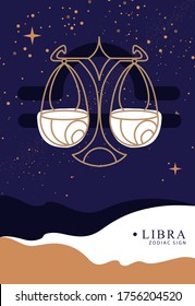 Modern magic witchcraft card with astrology Libra zodiac sign. Scales logo design