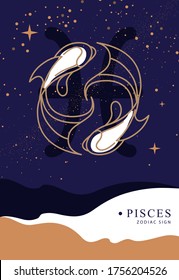 Tarjeta de brujería mágica moderna con signo de astrología Pisces zodiac. Diseño del logotipo de pescado de Koi