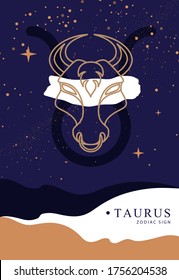 Modern magic witchcraft card with astrology Taurus zodiac sign.  Bull head logo design