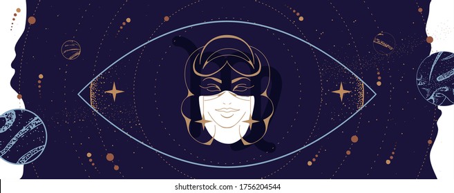 Modern magic witchcraft card with astrology Virgo zodiac sign. Woman head logo design