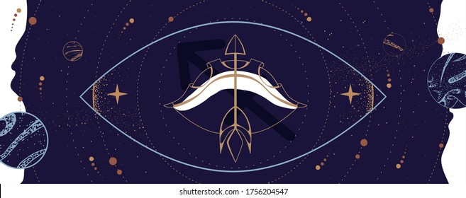 Modern magic witchcraft card with astrology Sagittarius zodiac sign. Bow and arrow illustration