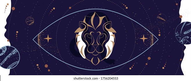 Modern magic witchcraft card with astrology Leo zodiac sign. Lion head logo design