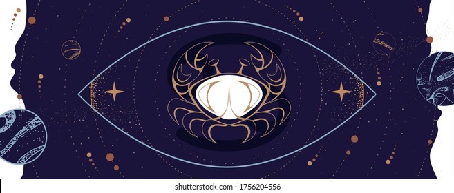 Modern magic witchcraft card with astrology Cancer zodiac sign. Crab logo design