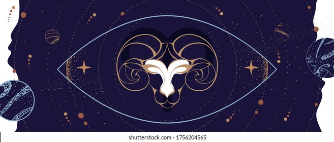 Modern magic witchcraft card with astrology Aries zodiac sign. Ram or mouflon head logo design