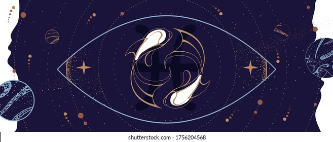 Tarjeta de brujería mágica moderna con signo de astrología Pisces zodiac. Diseño del logotipo de pescado de Koi