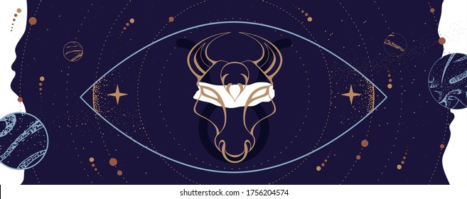 Modern magic witchcraft card with astrology Taurus zodiac sign.  Bull head logo design