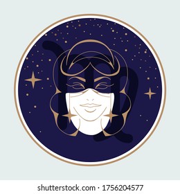 Modern magic witchcraft card with astrology Virgo zodiac sign. Woman head logo design