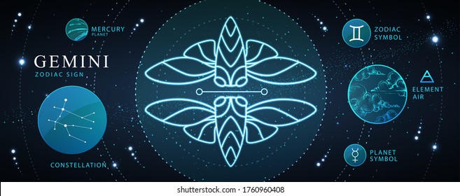 Modern magic witchcraft card with astrology Gemini zodiac sign. Neon butterfly or cicada illustration. Zodiac characteristic