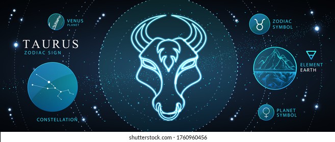 Modern magic witchcraft card with astrology Taurus neon zodiac sign. Neon bull head. Zodiac characteristic