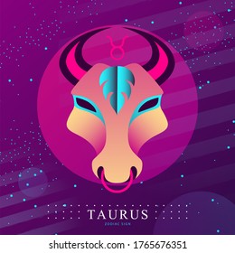 Modern magic witchcraft card with astrology Taurus zodiac sign.  Bull head logo design