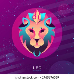 Tarjeta de brujería mágica moderna con signo de astrología Leo zodiac. Diseño del logotipo de la cabeza de león