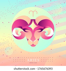 Tarjeta de brujería mágica moderna con signo Aries zodiac astrología. Diseño del logotipo de la cabeza de la leva o del ratón