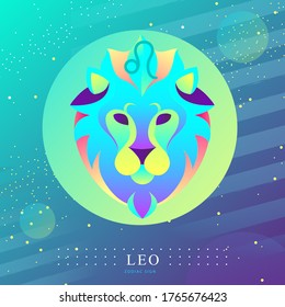 Modern magic witchcraft card with astrology Leo zodiac sign. Lion head logo design