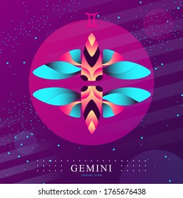 Modern magic witchcraft card with astrology Gemini zodiac sign. Butterfly or cicada illustration