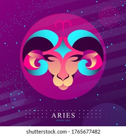 Tarjeta de brujería mágica moderna con signo Aries zodiac astrología. Diseño del logotipo de la cabeza de la leva o del ratón