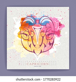 Modern magic witchcraft card with astrology Capricorn zodiac sign on artistic watercolor background. Capricorn logo design