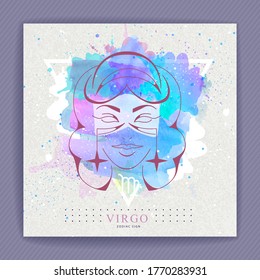 Modern magic witchcraft card with astrology Virgo zodiac sign on artistic watercolor background. Woman head logo design