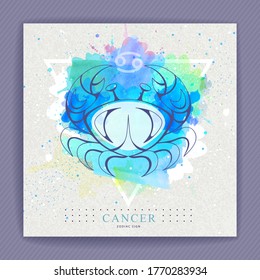 Modern magic witchcraft card with astrology Cancer zodiac sign on artistic watercolor background. Crab logo design