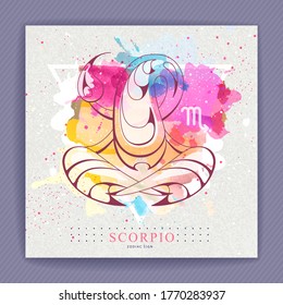 Modern magic witchcraft card with astrology Scorpio zodiac sign on artistic watercolor background. Scorpion logo design