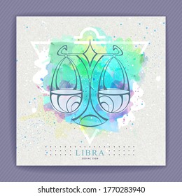 Modern magic witchcraft card with astrology Libra zodiac sign on artistic watercolor background. Scales logo design