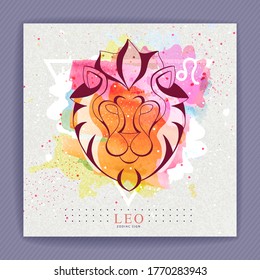 Tarjeta de brujería mágica moderna con signo de astrología Leo zodiac sobre fondo de acuarela artístico. Diseño del logotipo de la cabeza de león