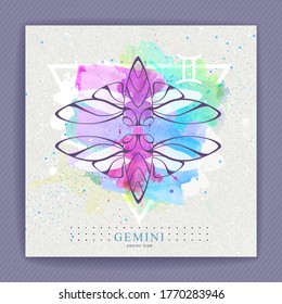 Modern magic witchcraft card with astrology Gemini zodiac sign on artistic watercolor background. Butterfly or cicada illustration