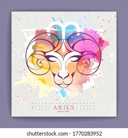 Modern magic witchcraft card with astrology Aries zodiac sign on artistc watercolor background. Ram or mouflon head logo design