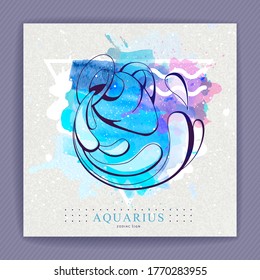 Modern magic witchcraft card with astrology Aquarius zodiac sign on artistic watercolor background. Water jug logo design