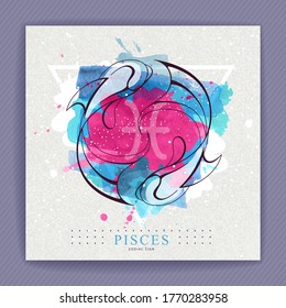 Modern magic witchcraft card with astrology Pisces zodiac sign on artistic watercolor background. Koi fish logo design