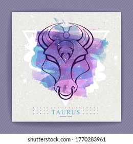 Modern magic witchcraft card with astrology Taurus zodiac sign on artistic watercolor background.  Bull head logo design