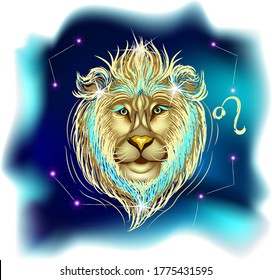 Modern magic witchcraft card with astrology. Leo zodiac sign. Realistic hand drawing lion head. Zodiac characteristic	