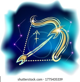 Modern magic witchcraft card with astrology Sagittarius zodiac sign. Realistic hand drawing Bow and arrow illustration. Zodiac characteristic