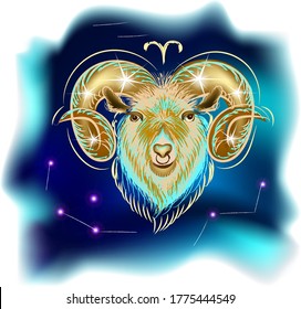 Tarjeta de brujería mágica moderna con signo Aries zodiac astrología. Borrador de mano realista o cabeza de ratón. Caricatura característica del zodiaco