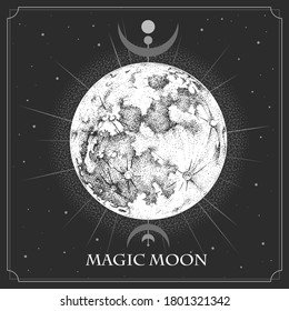 Modern magic witchcraft card with astrology full moon. Realistic hand drawing illustration of moon