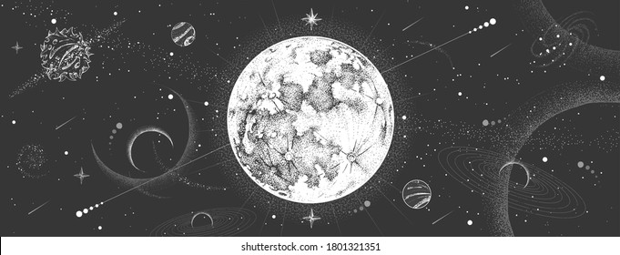 Современная волшебная карта колдовства с астрологической луной на фоне космического пространства. Реалистичная векторная иллюстрация полнолуния