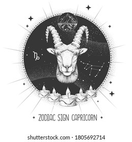 Modern magic witchcraft card with astrology Capricorn zodiac sign. Realistic hand drawing ram or mouflon head. Zodiac characteristic