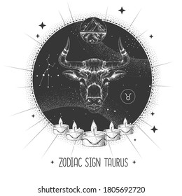 Modern magic witchcraft card with astrology Taurus zodiac sign. Realistic hand drawing bull head. Zodiac characteristic