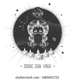 Modern magic witchcraft card with astrology Virgo zodiac sign. Realistic hand drawing woman head. Zodiac characteristic