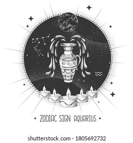 Modern magic witchcraft card with astrology Aquarius zodiac sign. Realistic hand drawing water jug illustration. Zodiac characteristic