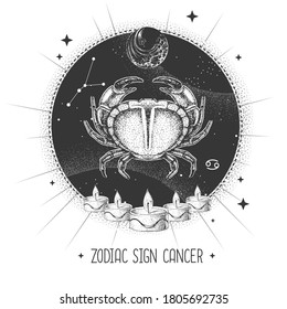 Modern magic witchcraft card with astrology Cancer zodiac sign. Realistic hand drawing crab illustration. Zodiac characteristic