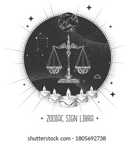 Modern magic witchcraft card with astrology Libra zodiac sign. Realistic hand drawing scales illustration. zodiac characteristic