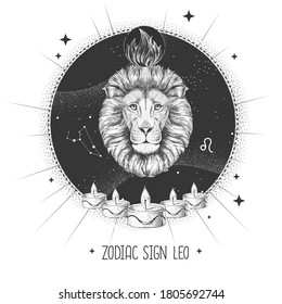 Modern magic witchcraft card with astrology Leo zodiac sign. Realistic hand drawing lion head. Zodiac characteristic