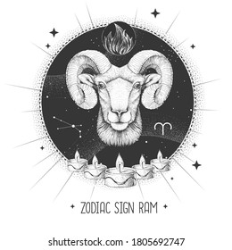 Tarjeta de brujería mágica moderna con signo Aries zodiac astrología. Borrador de mano realista o cabeza de ratón. Característica del zodiaco