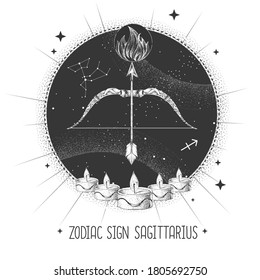 Modern magic witchcraft card with astrology Sagittarius zodiac sign. Realistic hand drawing Bow and arrow illustration. Zodiac characteristic