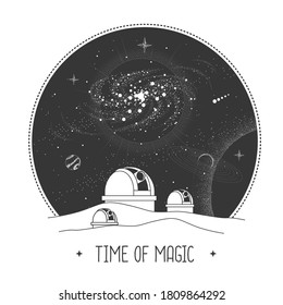 Modern magic witchcraft card with astrology observatory and outer space in the night sky