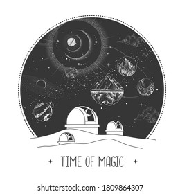 Modern magic witchcraft card with astrology observatory with outer space and four elements in the sky. Vector illustration