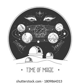 Modern magic witchcraft card with astrology observatory with solar system, four elements and fortune teller eyes. Hand drawing occult illustration of water, earth, fire, air