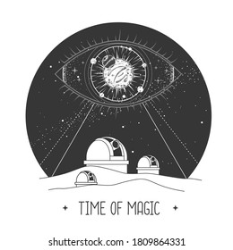 Modern magic witchcraft card with astrology observatory and all seeing eye in outer space. Vector illustration